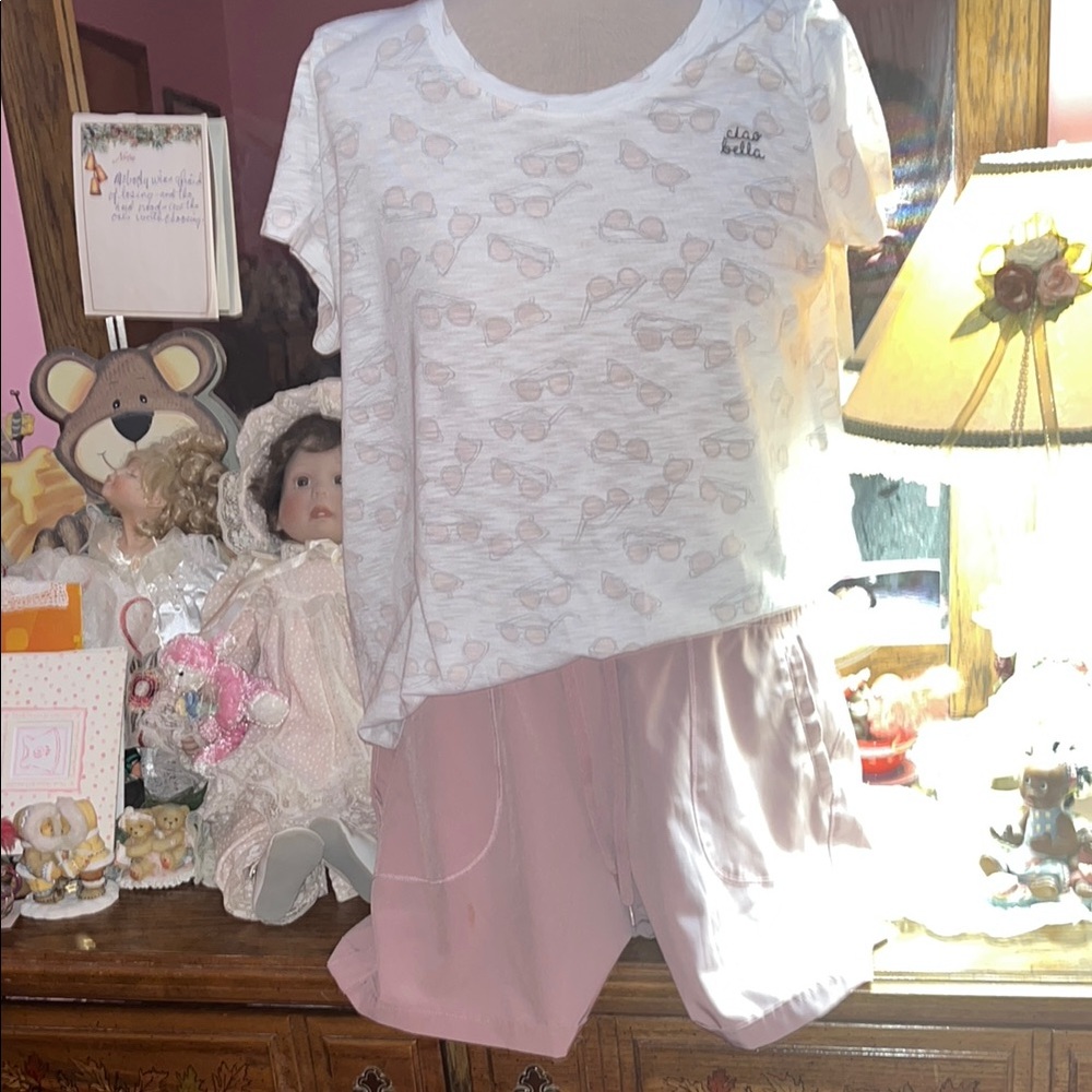 White and Pink Graphic T-Shirt and Shorts Set